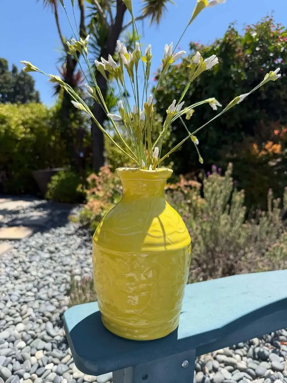 Handmade 2016 Yellow Glazed Ceramic Vase with Embossed Floral Detail‎ 8”